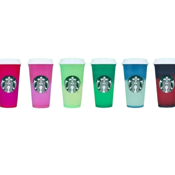 NWT. Starbucks Color Changing Reusable 16 oz Hot Cups with Lids. Set of 6 - Picture 2 of 4